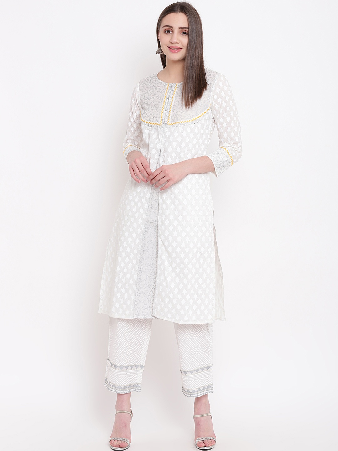 

Be Indi Women White & Grey Printed A-Line Kurta