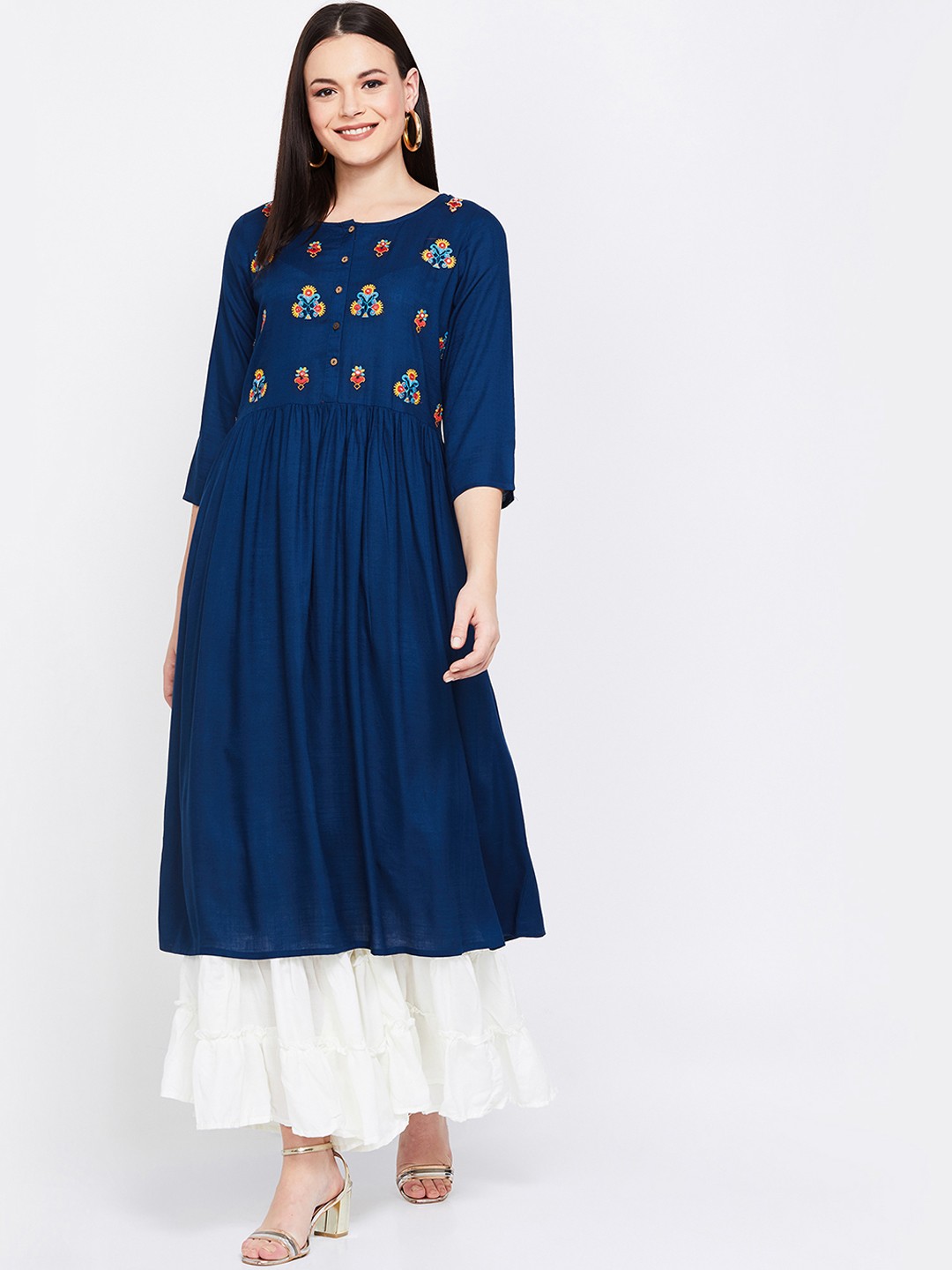

Melange by Lifestyle Women Blue & Yellow Embroidered A-Line Kurta