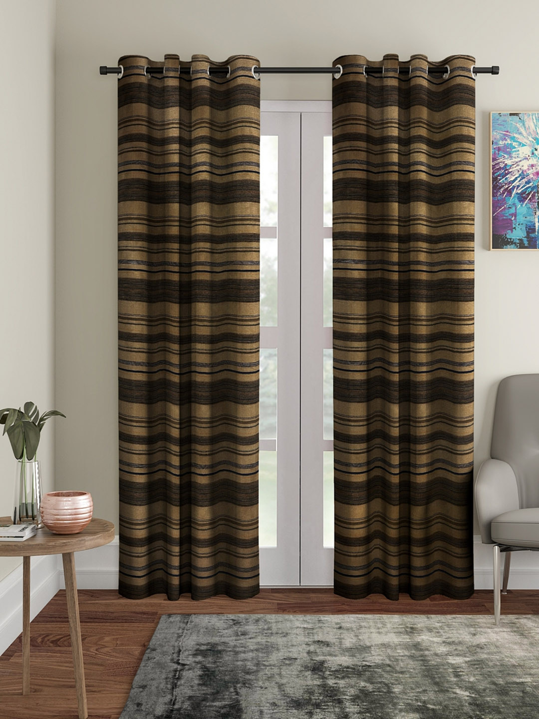 

ROMEE Set of 2 Gold-Toned & Brown Striped Room Darkening Door Curtains