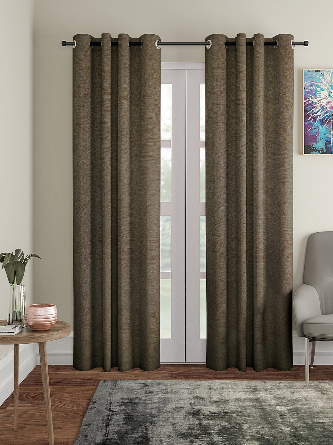 

ROMEE Set of 2 Brown Self-Design Room Darkening Door Curtains
