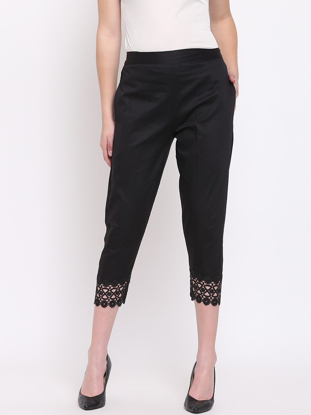 

RIVI Women Black Slim Fit Self Design Cigarette Trousers