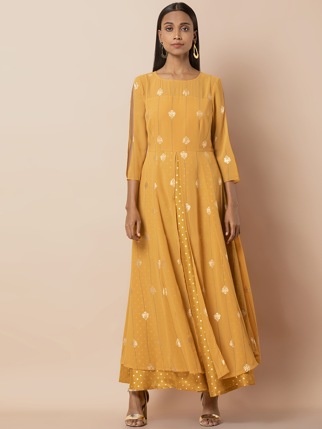 

INDYA Women Mustard Foil Slit Sleeve Kurta with Attached Skirt, Yellow