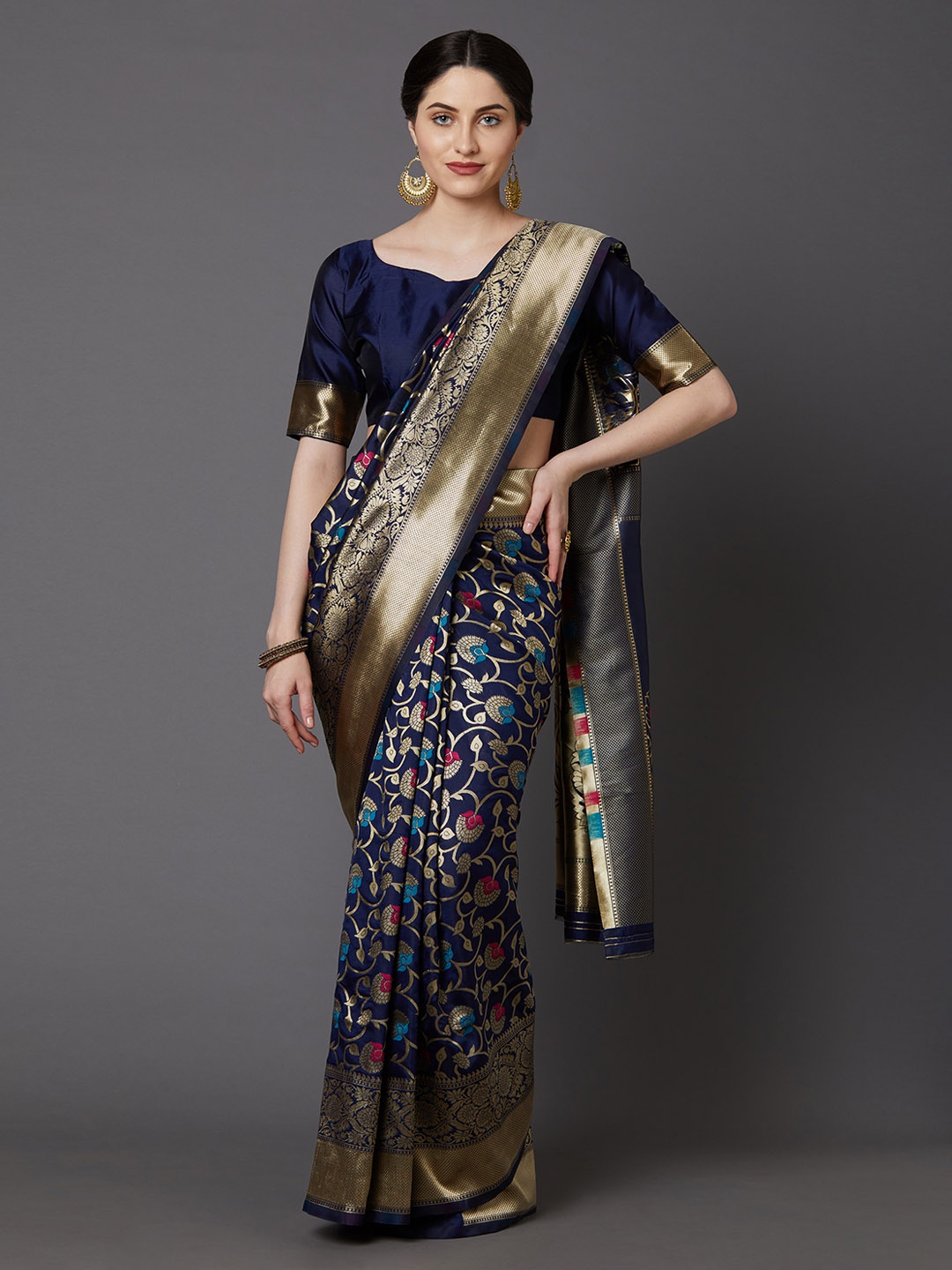 

Mitera Navy Blue Silk Blend Woven Design Banarasi Saree