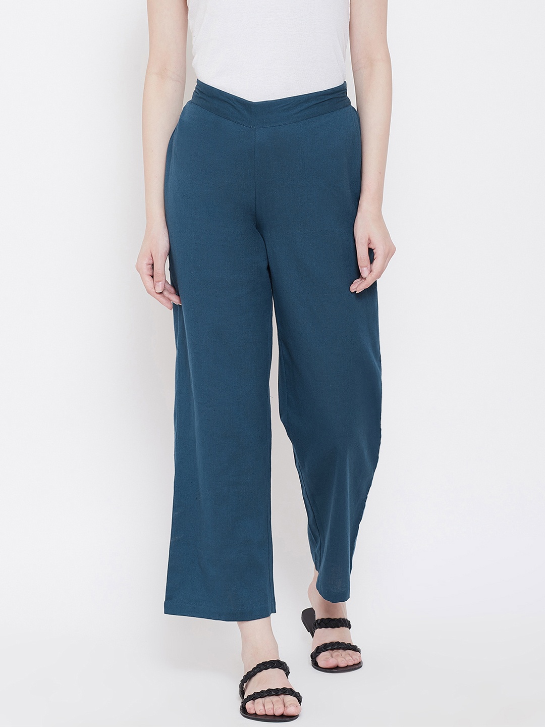 Be Indi Women Navy Blue Solid Straight Palazzos