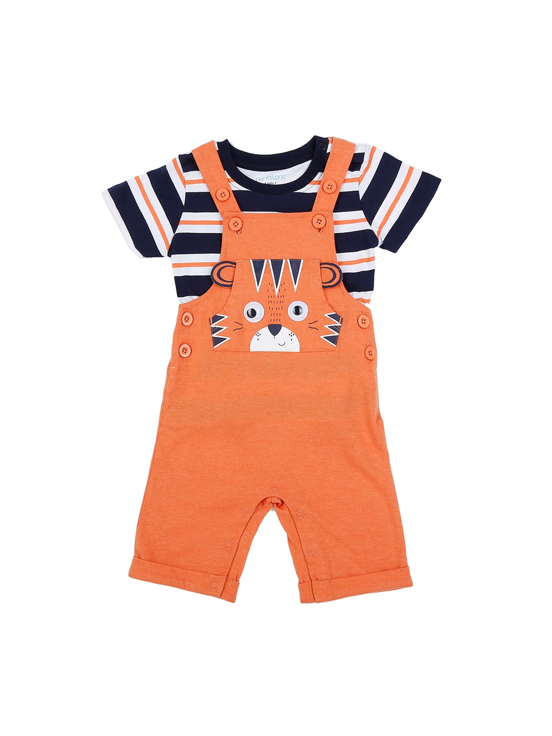

Pantaloons Baby Boys Orange & Blue Striped T-shirt with Dungarees