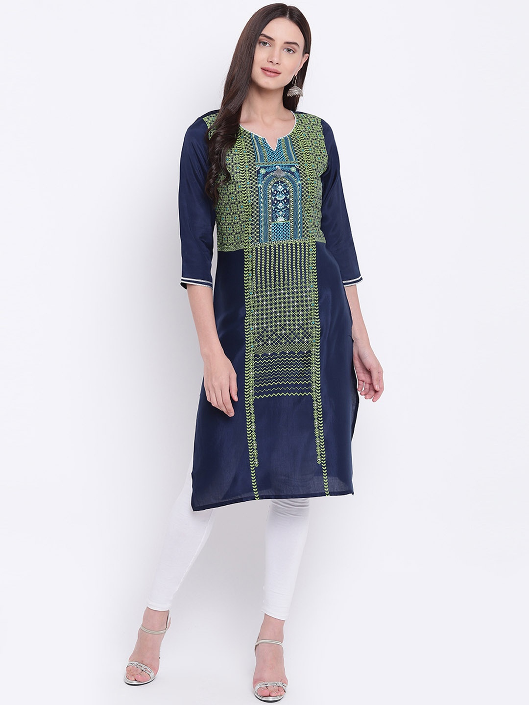 

Be Indi Women Navy Blue & Green Printed Straight Kurta