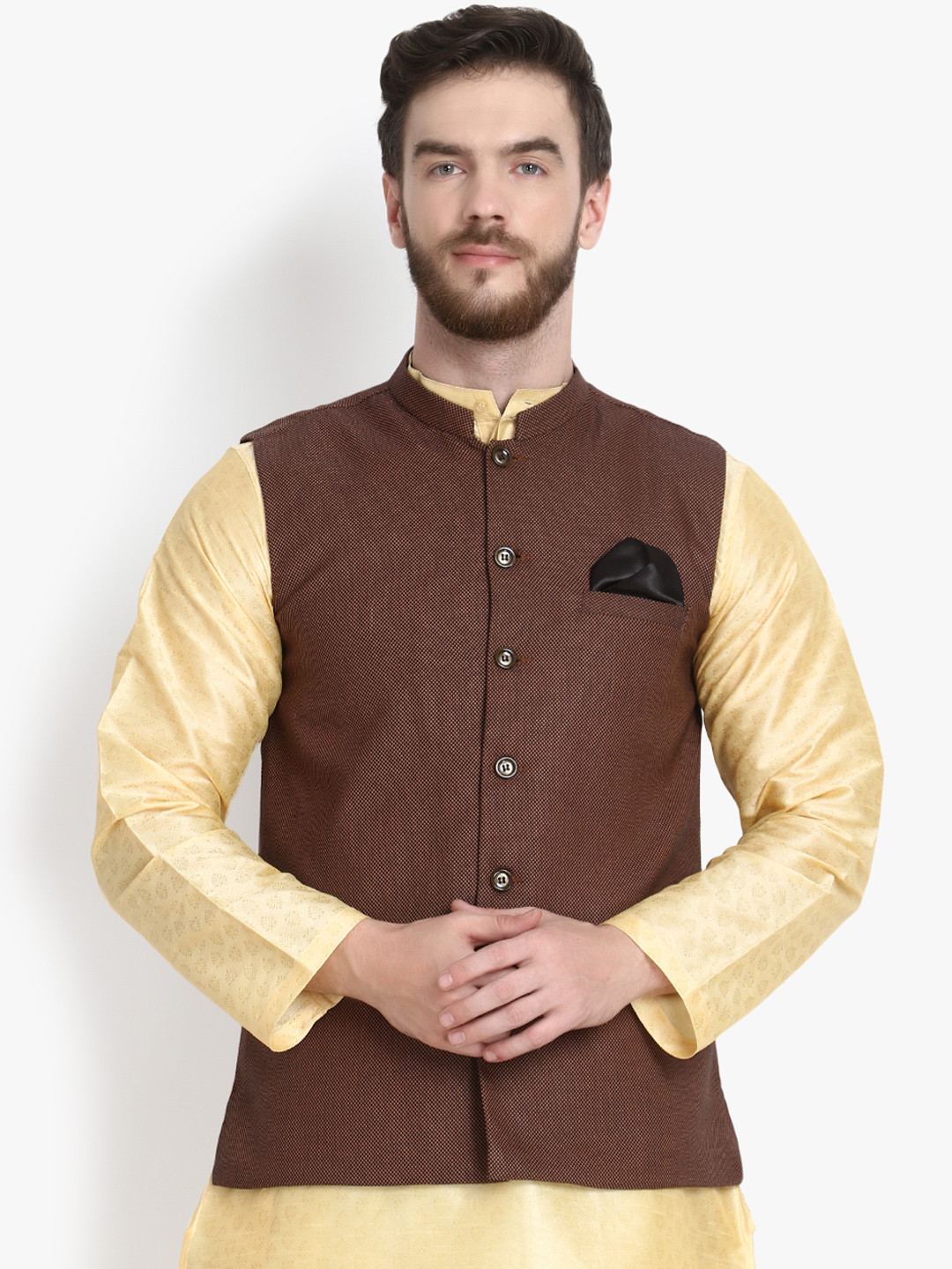 

KLOTTHE Men Brown Self Design Satin Nehru Jacket