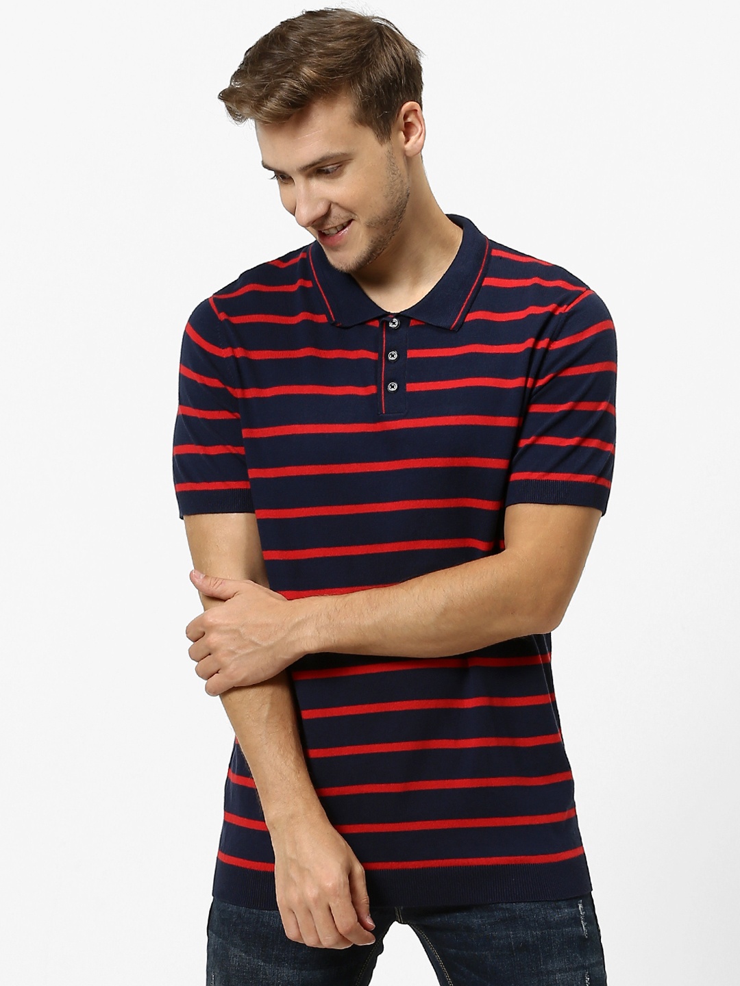 

Celio Men Navy Blue Striped Polo Collar Pure Cotton T-shirt