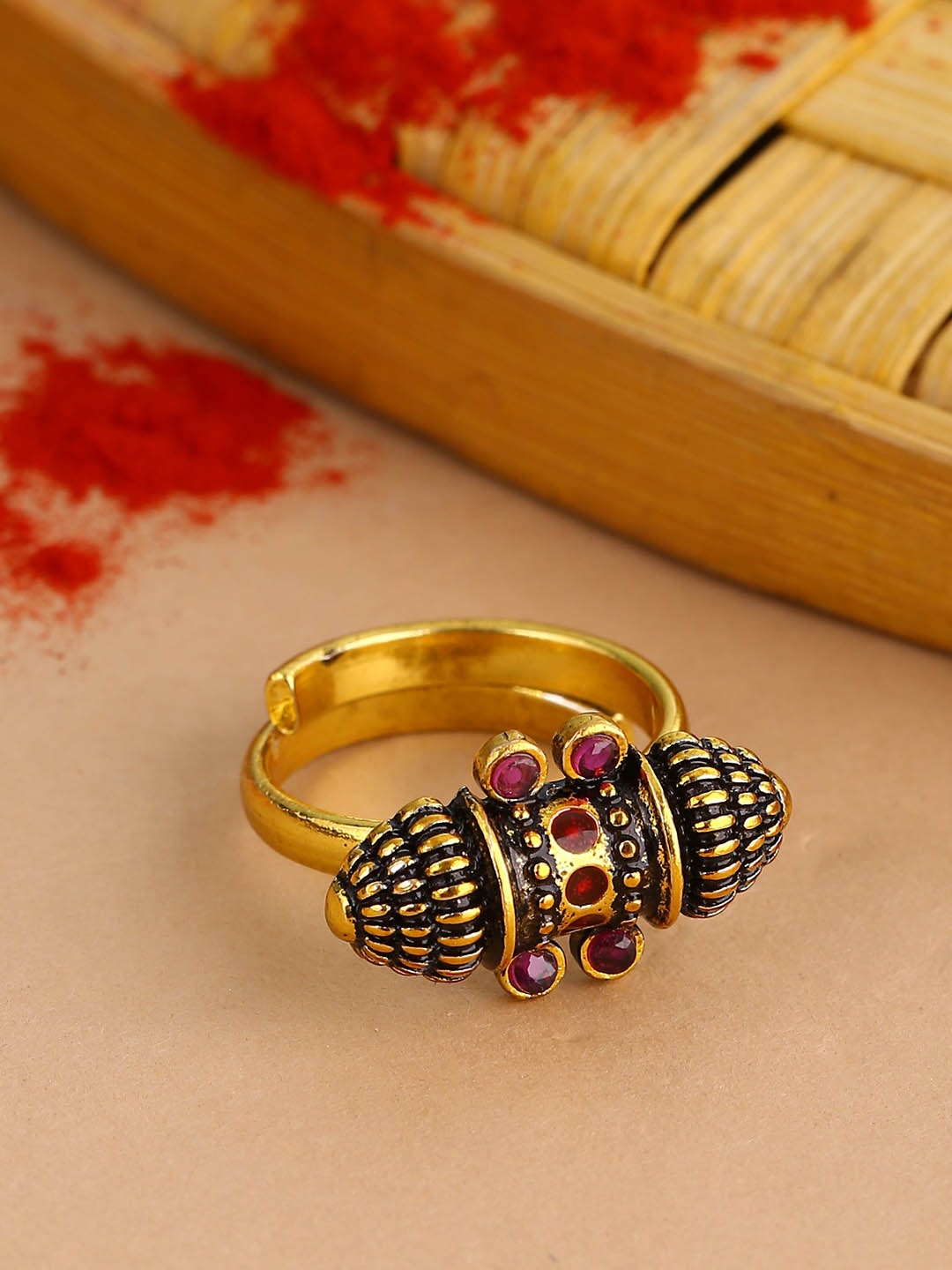

Voylla Gold-Plated Pink & Red Oxidised Stone Studded Adjustable Finger Ring