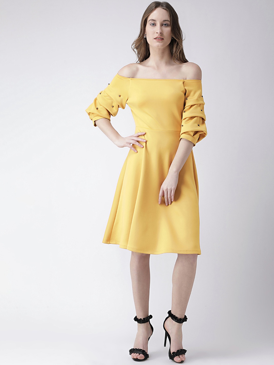 

KASSUALLY Women Yellow Gathered Sleeve Off-shoulder Fit and Flare Dress
