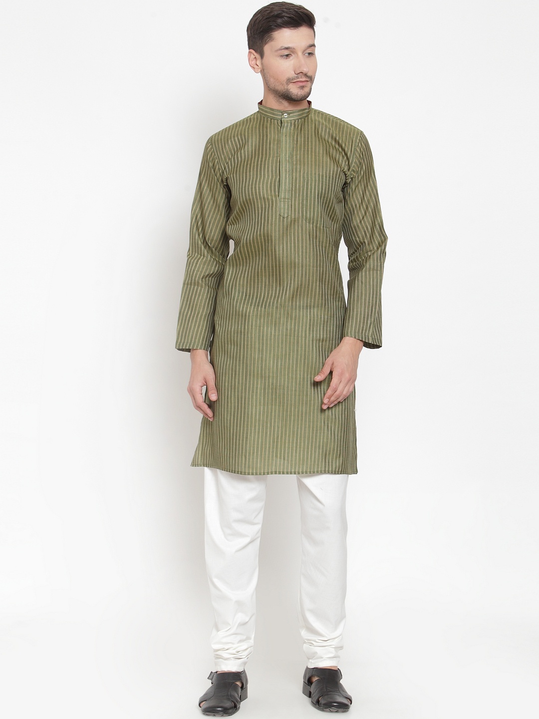 

KLOTTHE Men Green Striped Straight Kurta