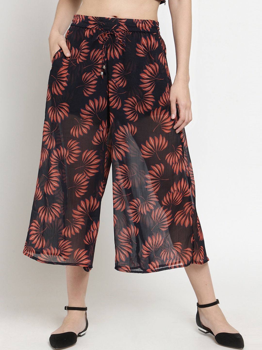 

Sera Women Navy Blue & Orange Printed Flared Palazzos