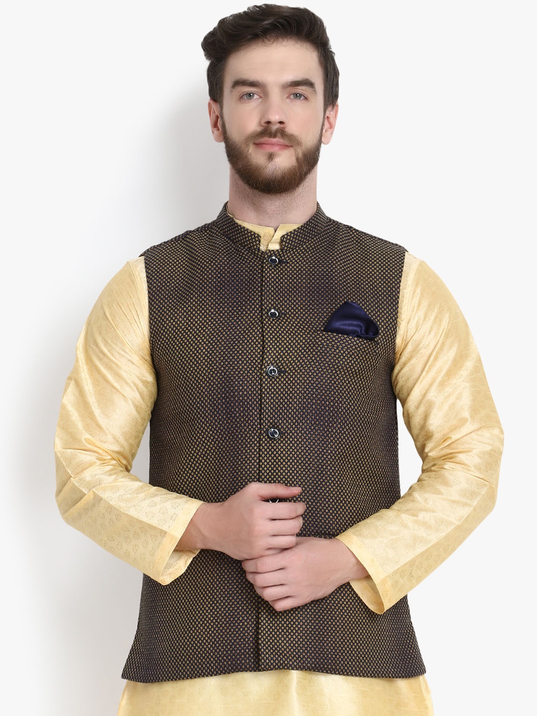 

KLOTTHE Men Navy Blue & Gold-Coloured Woven Design Nehru Jacket