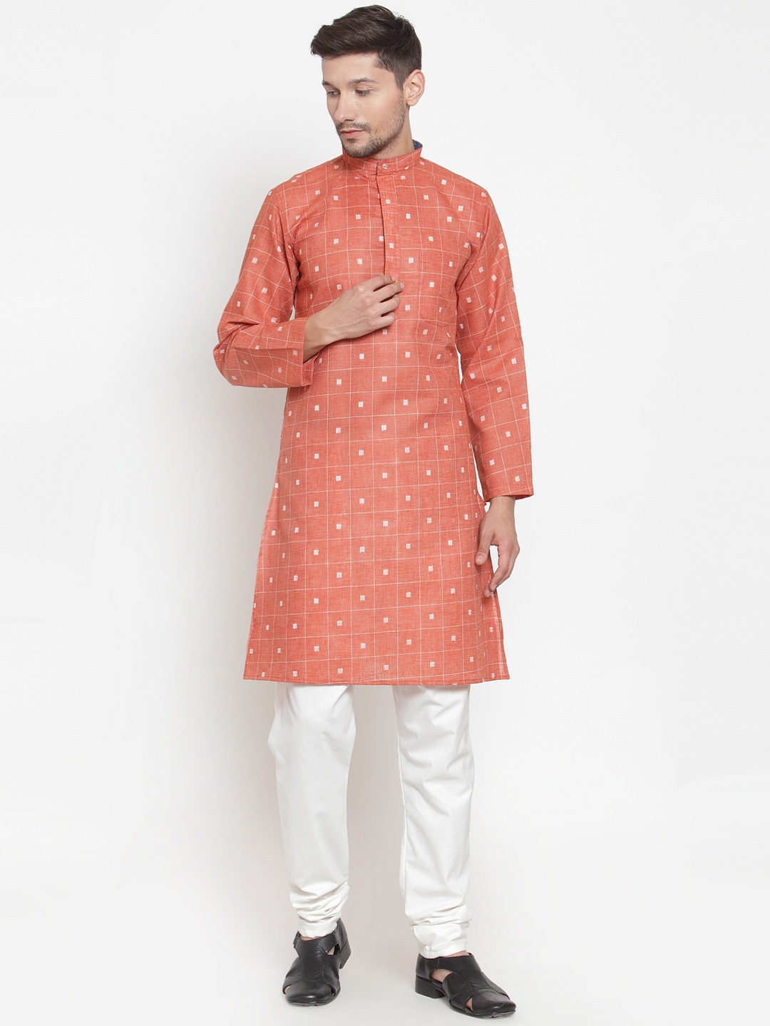 KLOTTHE Men Orange Woven Design Straight Kurta