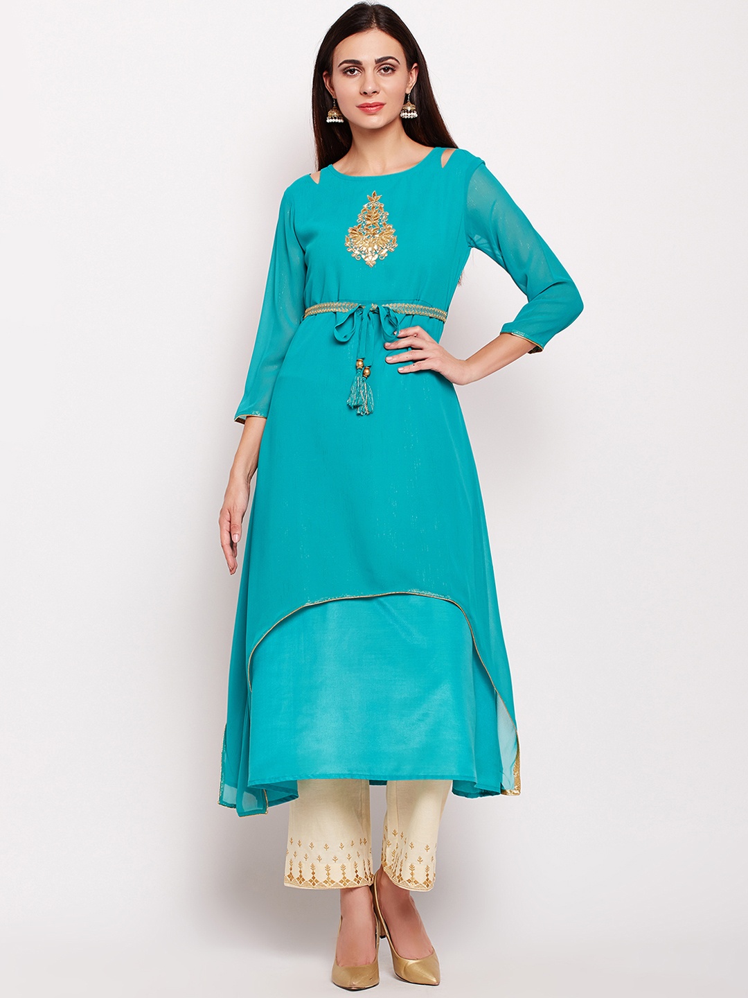 

Be Indi Women Turquoise Blue Embroidered A-Line Kurta