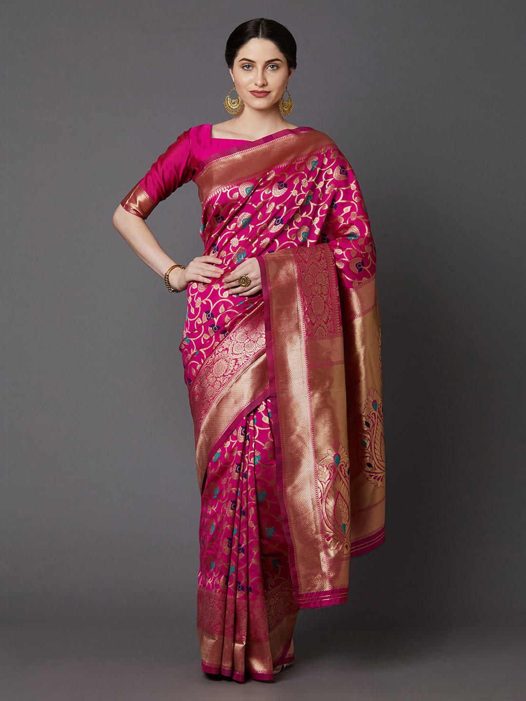 

Mitera Pink & Gold-Toned Silk Blend Woven Design Banarasi Saree
