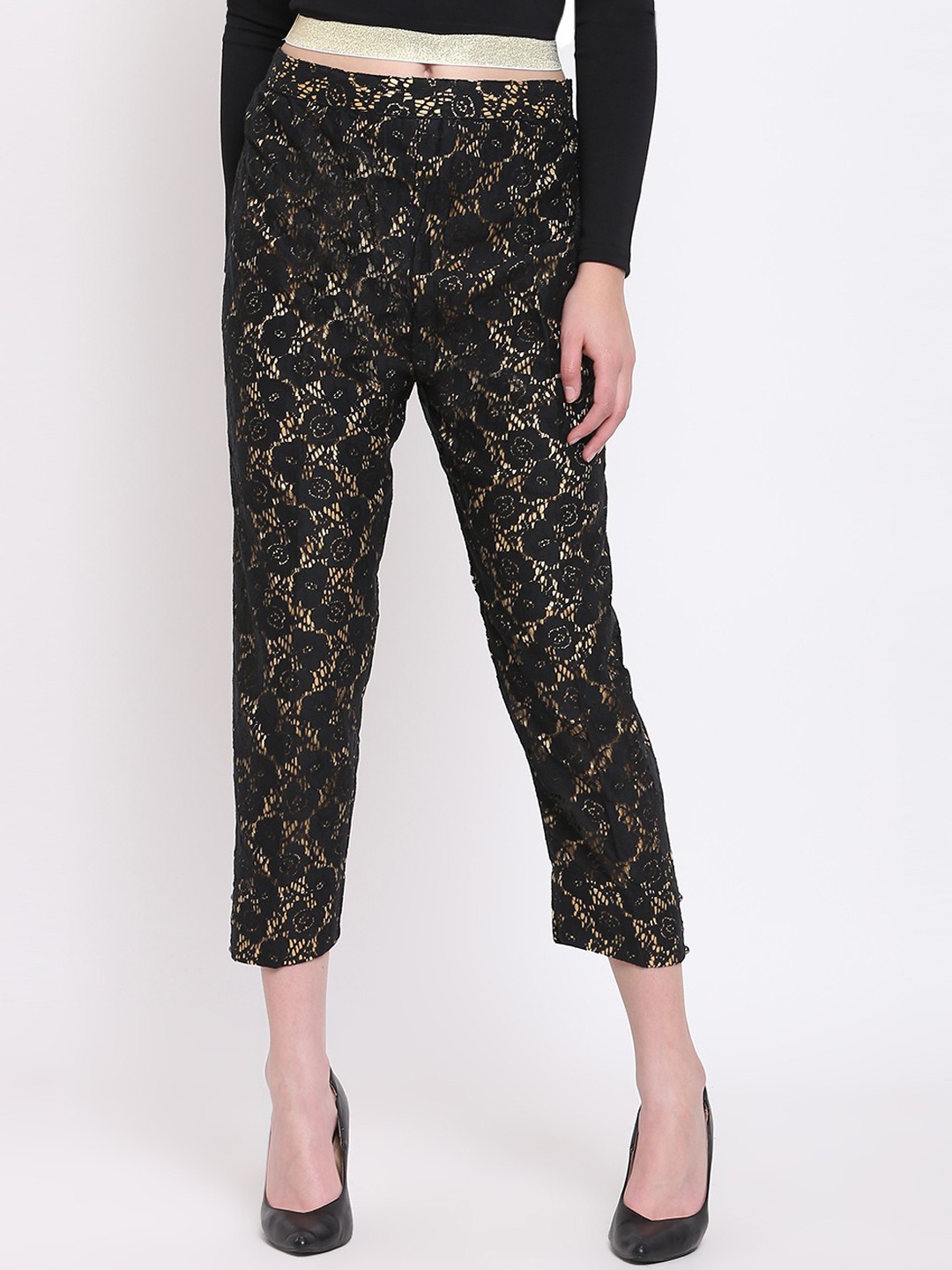 

RIVI Women Black Regular Fit Self Design Peg Trousers