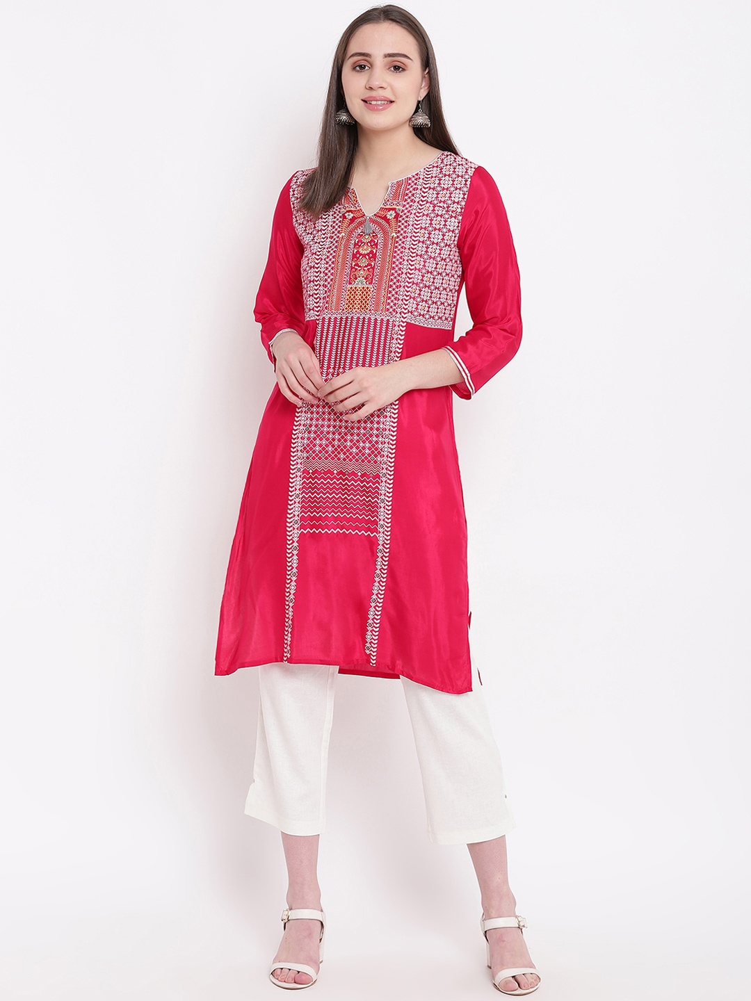

Be Indi Women Pink & White Printed Straight Kurta