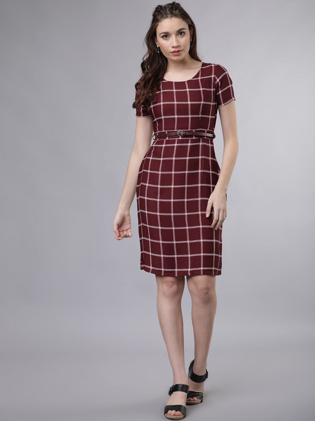 

Tokyo Talkies Women Burgundy Checked Sheath Dress