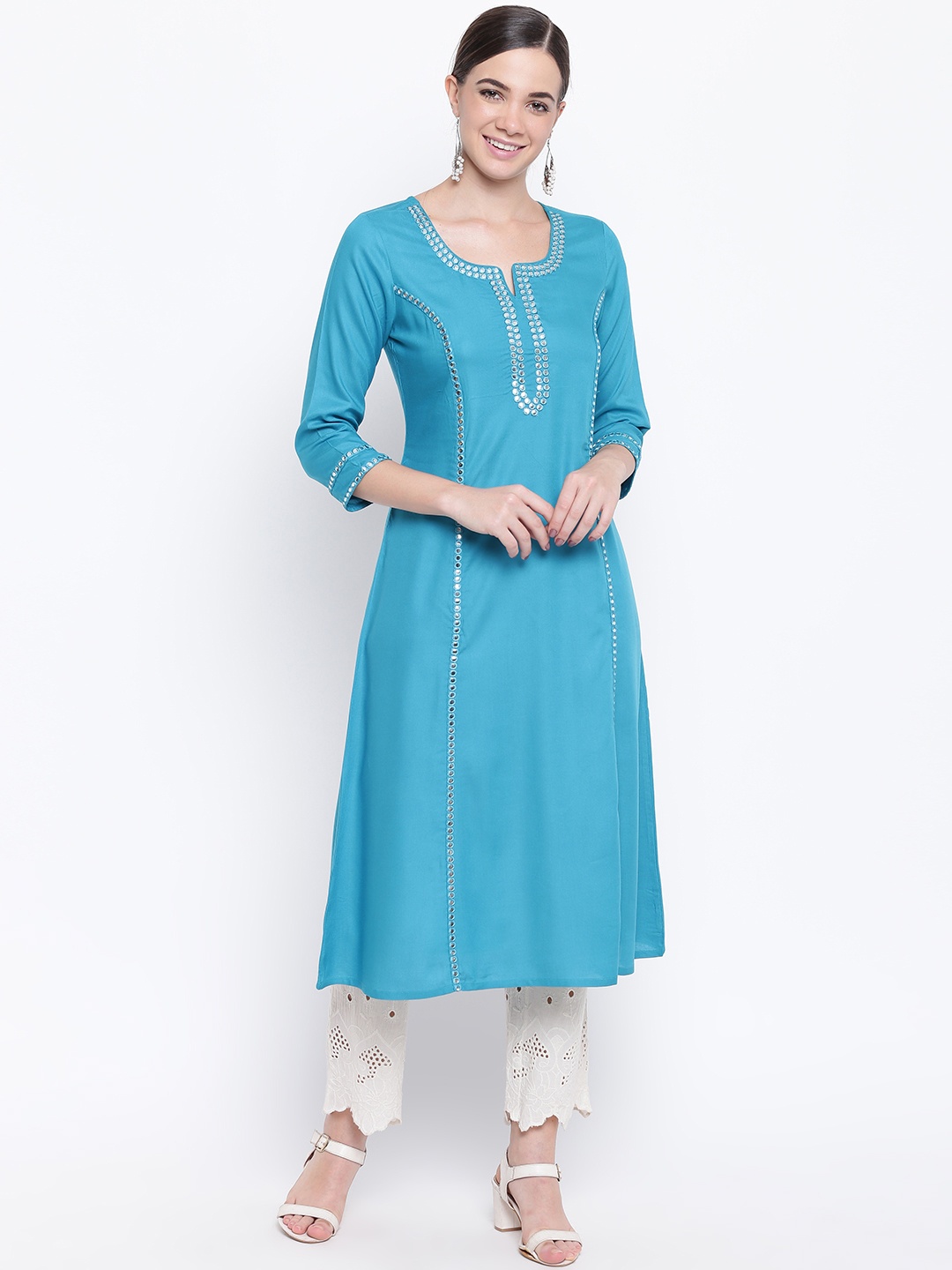 

Be Indi Women Blue Embroidered A-Line Kurta