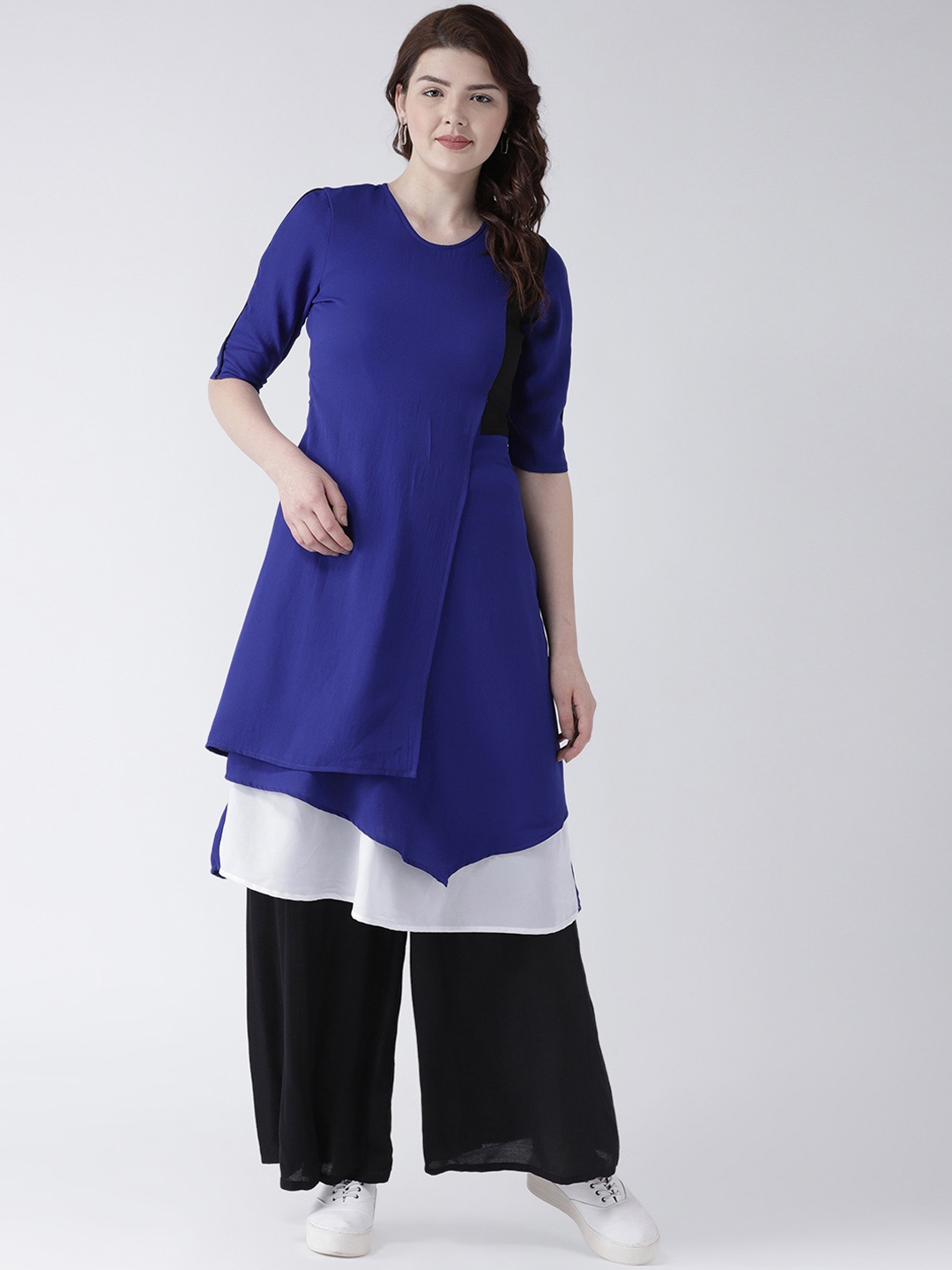 DODO & MOA Women Blue & White Colourblocked A-Line Kurta