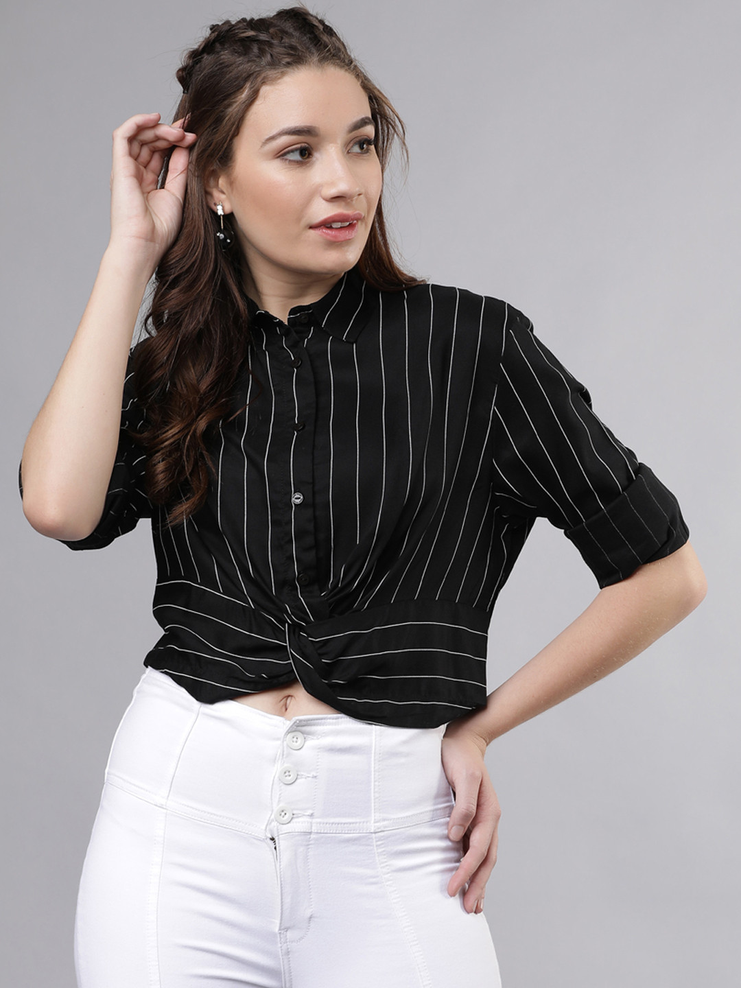 

Tokyo Talkies Women Black & White Regular Fit Striped Casual Shirt