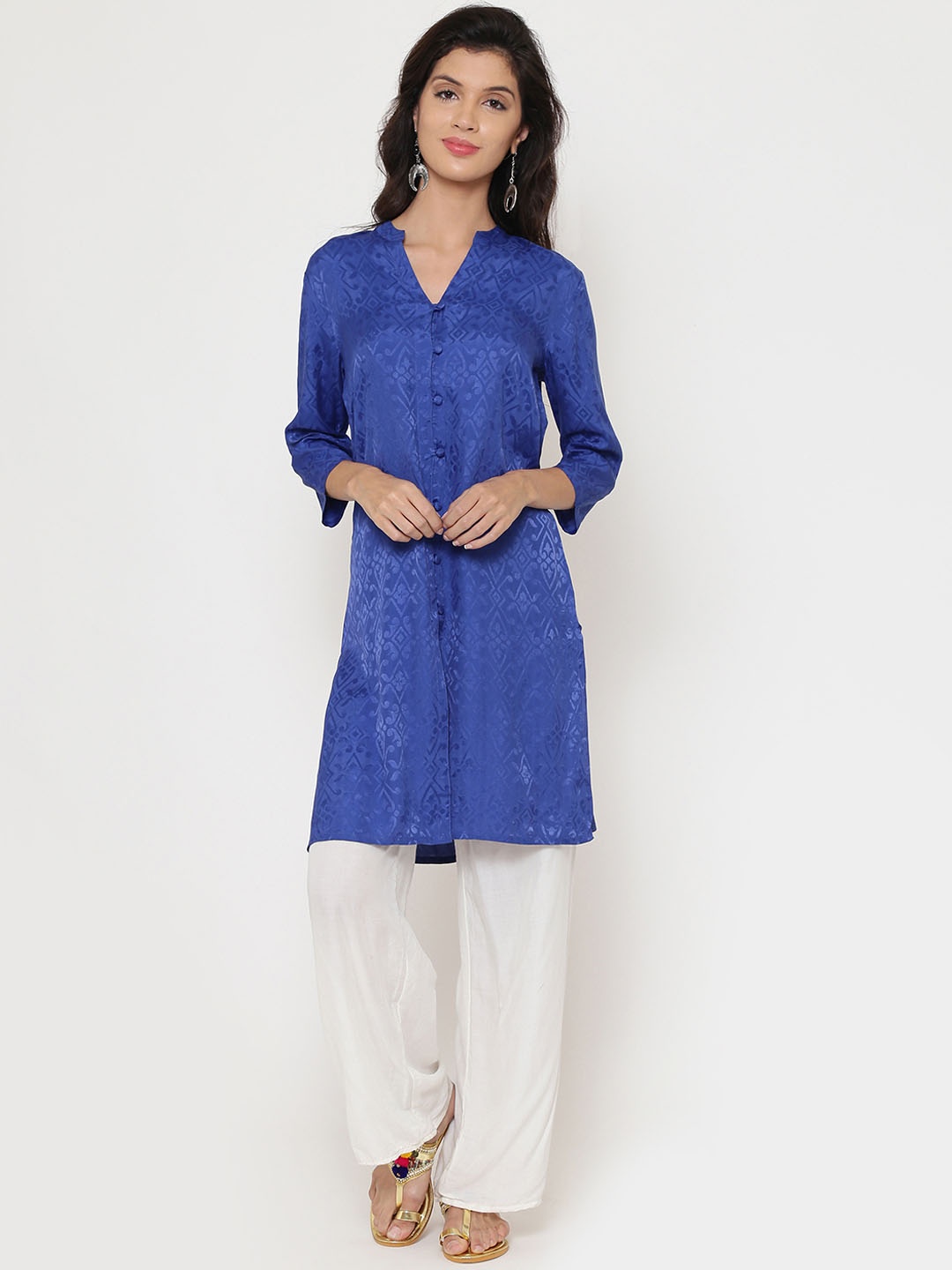Be Indi Women Blue Woven Design Straight Kurta