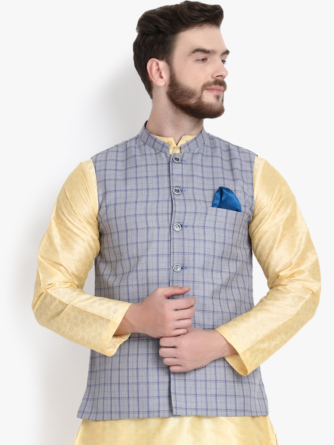 

KLOTTHE Checked Cotton Blend Nehru Jacket, Grey