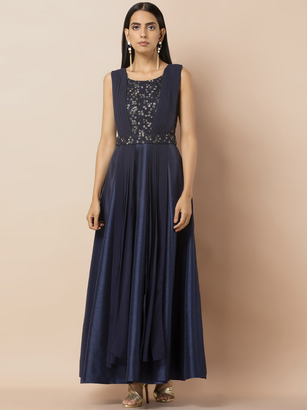 

INDYA Women Navy Embroidered Double Dupatta Maxi Kurta, Blue