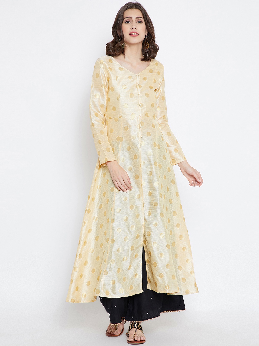 

Be Indi Women Beige Woven Design Anarkali Kurta