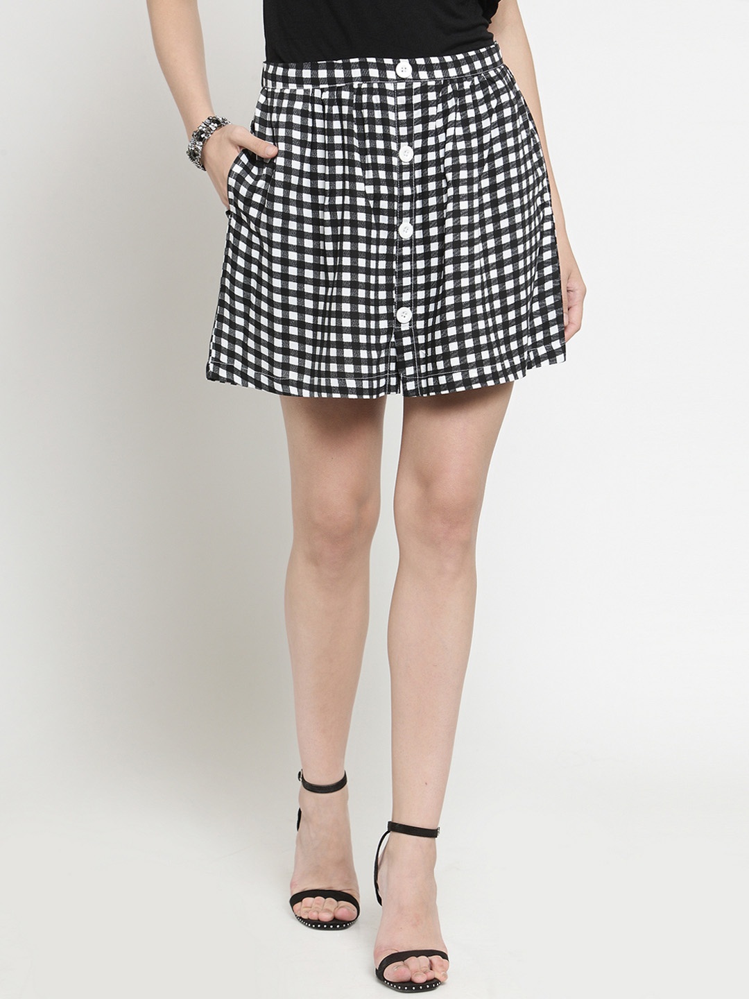 

Sera Women Black & White Checked A-Line Mini Skirt