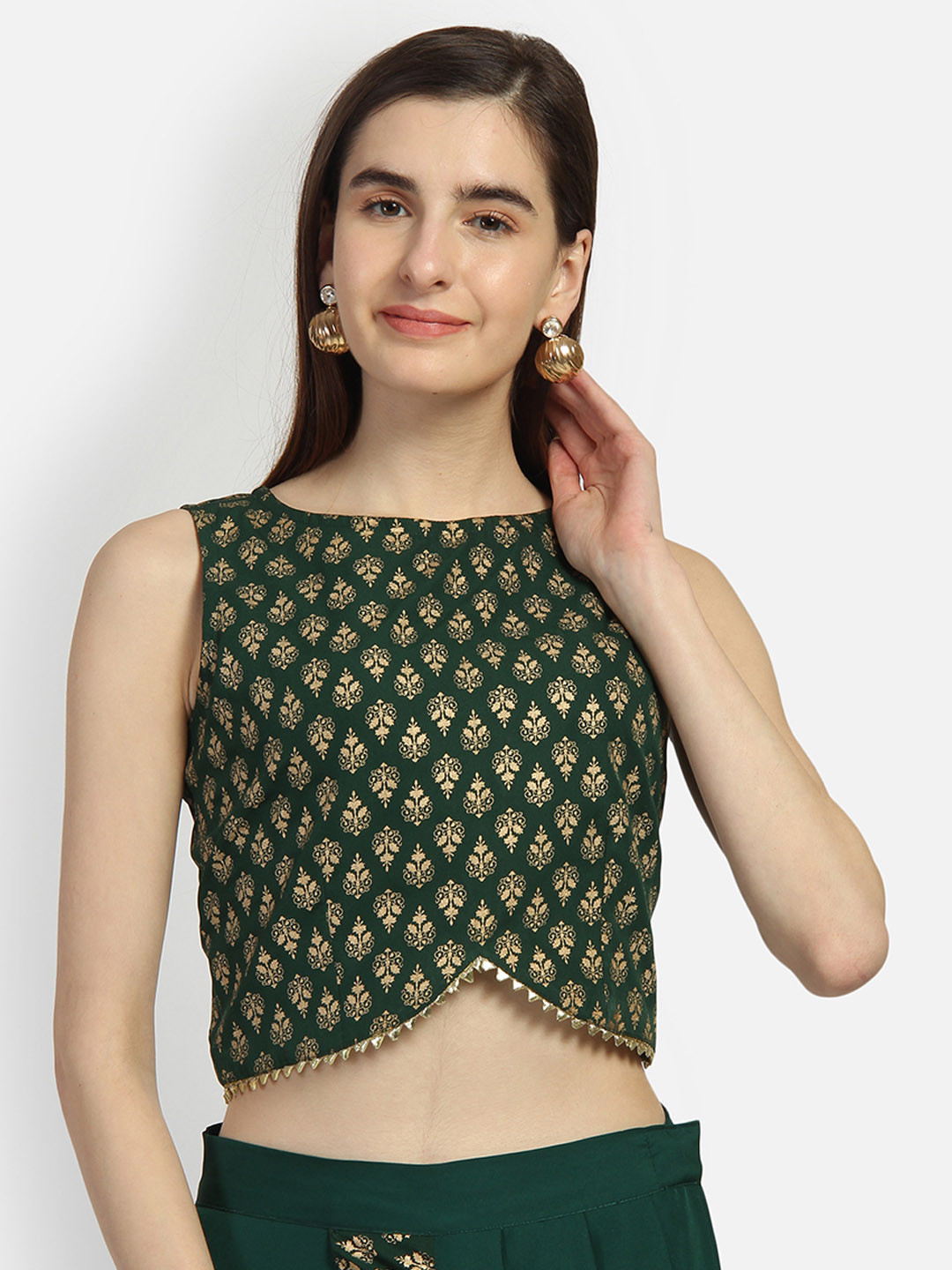 

studio rasa Women Crepe Block Printed Embellished Crop Top, Green