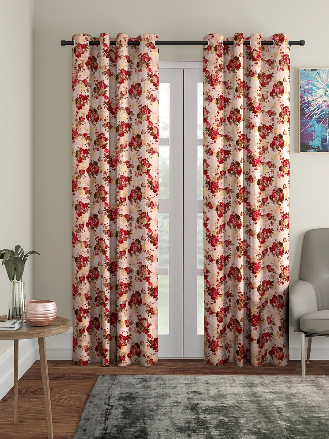 

ROMEE Set of 2 Cream-Coloured & Red Room Darkening Door Curtains