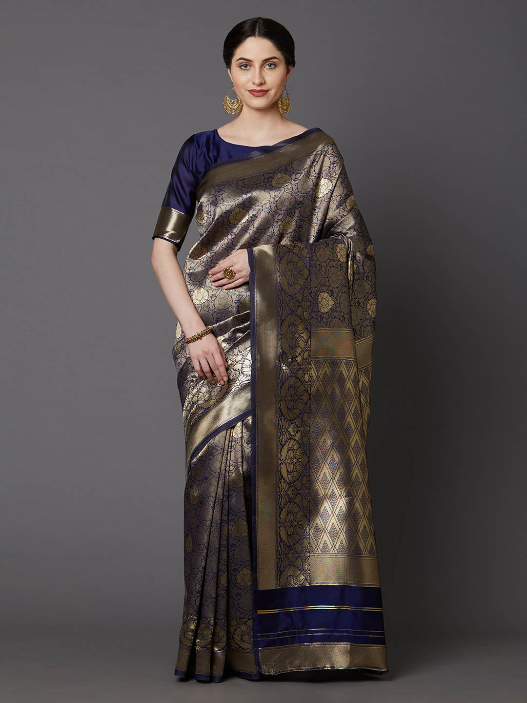 

Mitera Navy Blue Silk Blend Woven Design Banarasi Saree