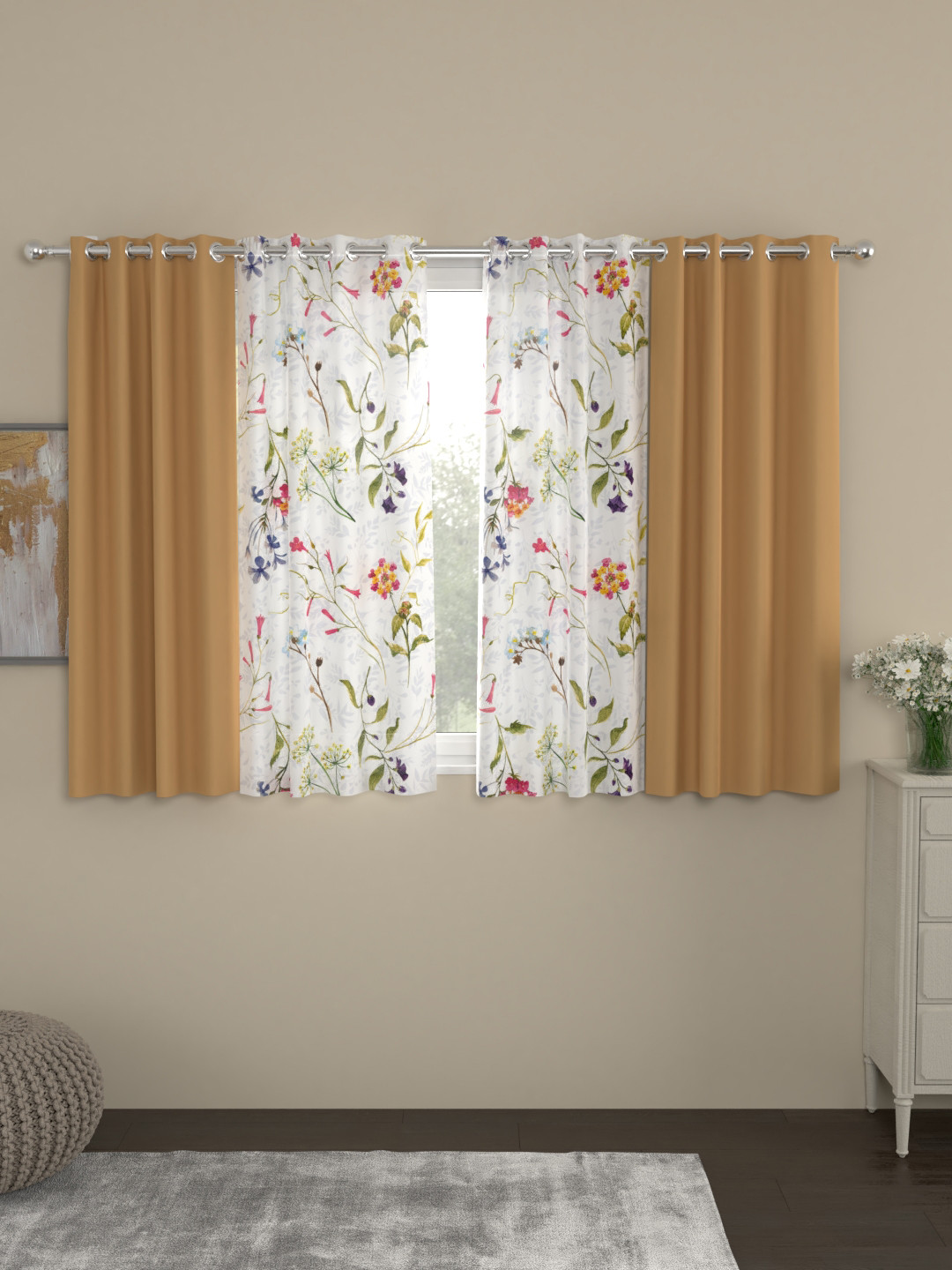 

ROSARA HOME Brown & White Set of 4 Black Out Window Curtains