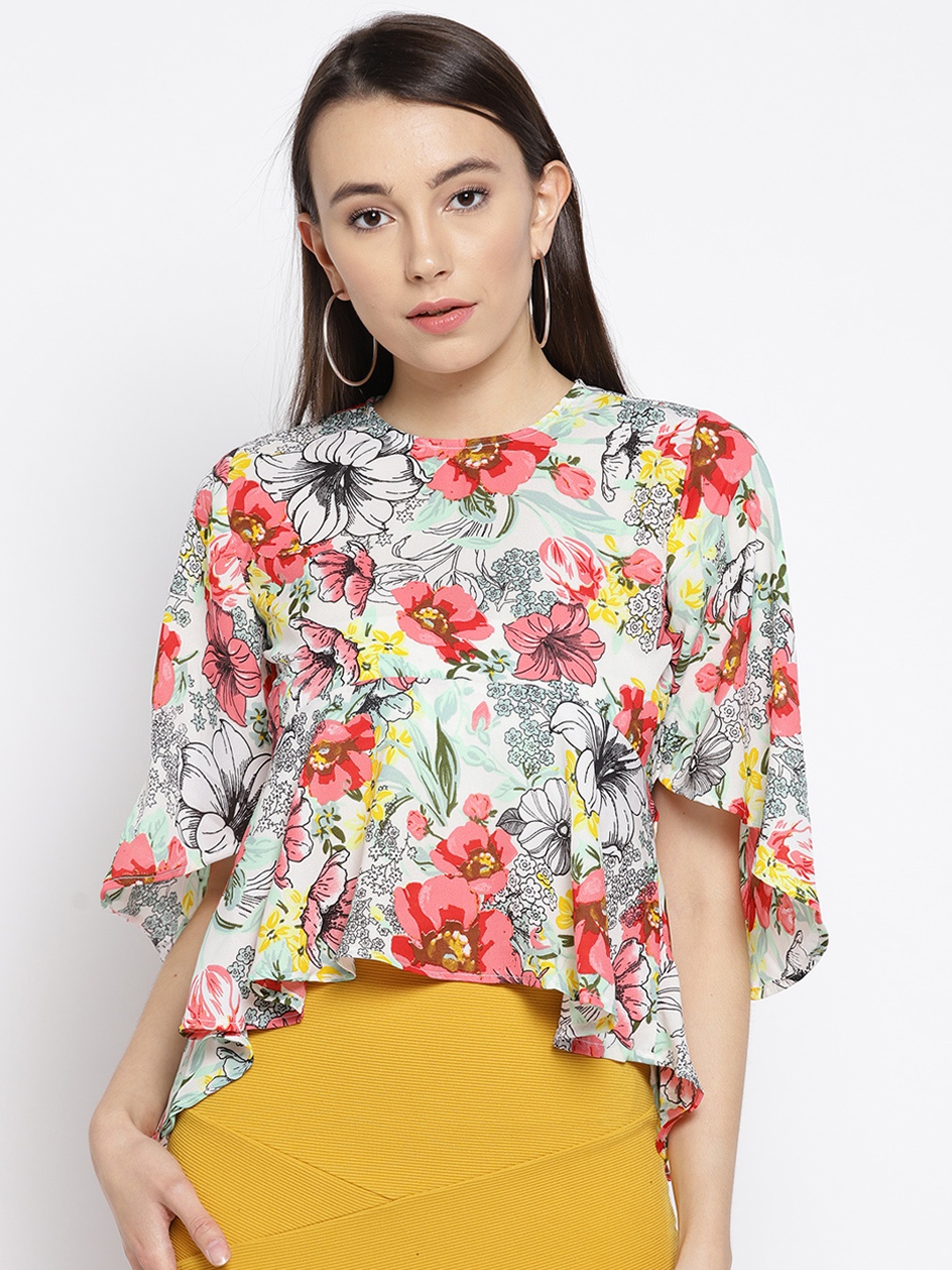 

Sera Women White & Pink Floral Print Peplum Top
