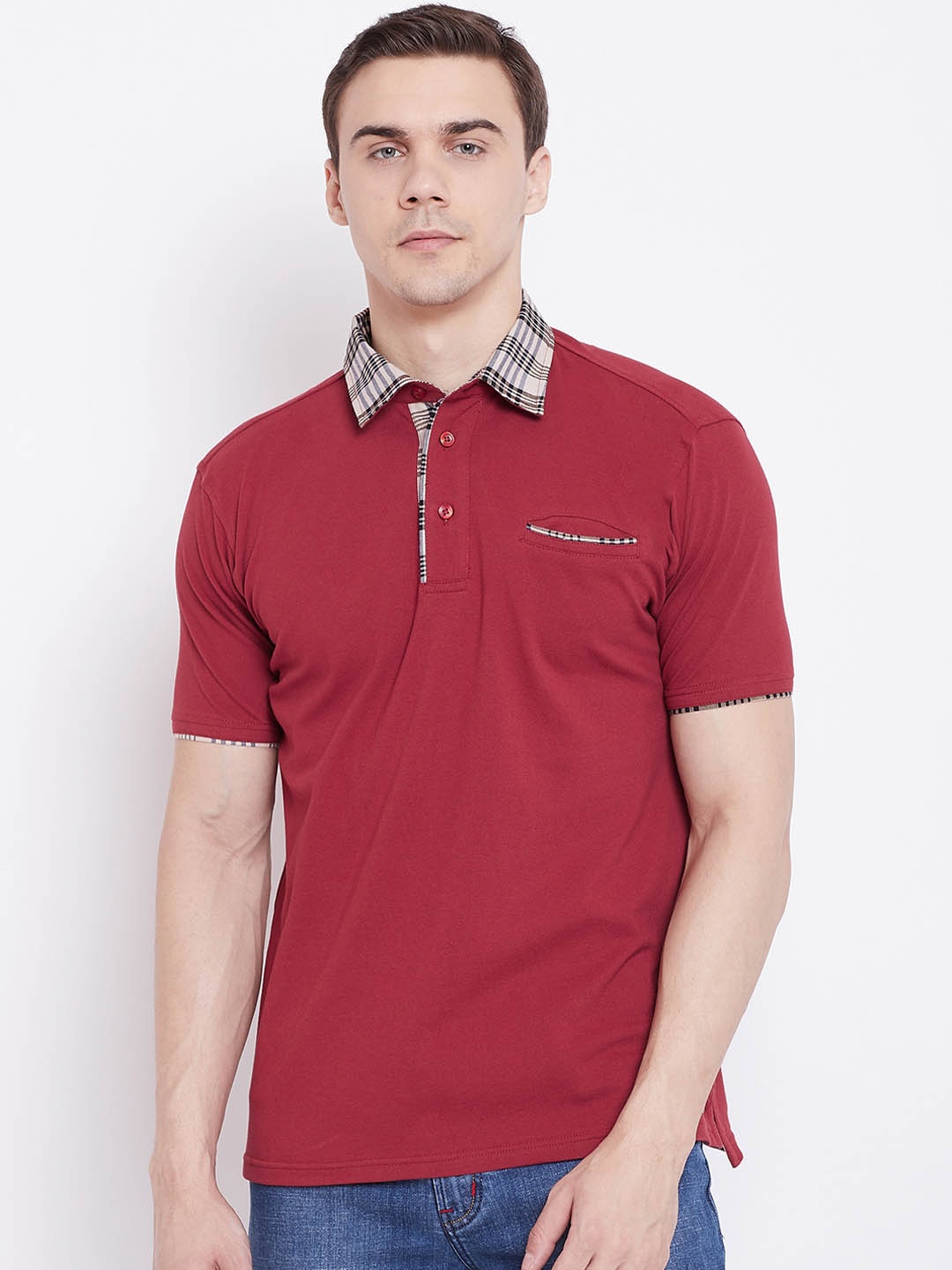 

JUMP USA Men Red Checked Polo Collar T-shirt