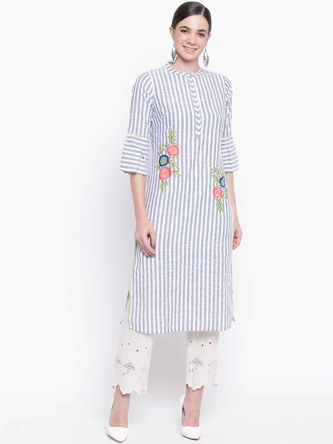 

Be Indi Women White & Blue Striped Straight Kurta