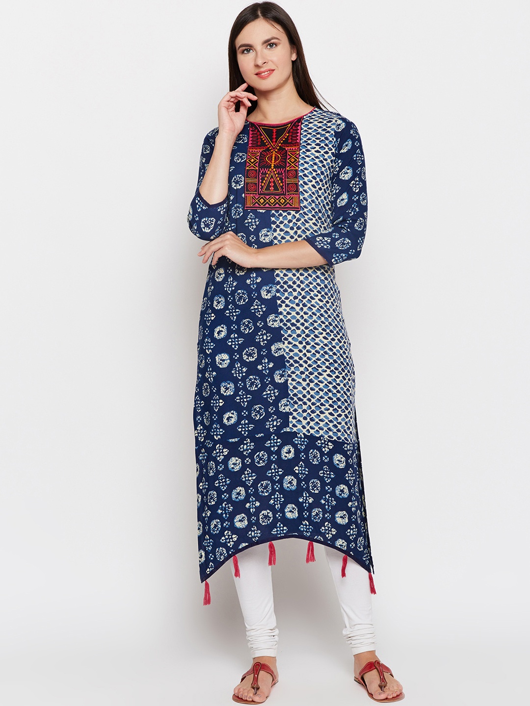 

Be Indi Women Navy Blue & White Printed Asymmetric Kurta