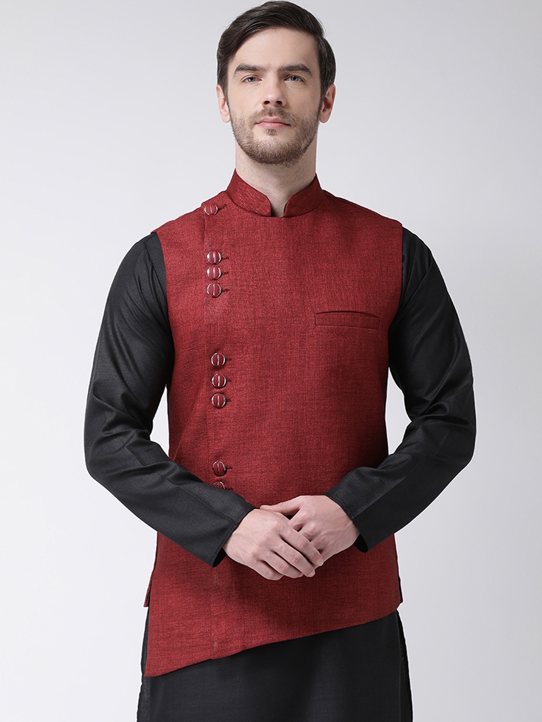

SG LEMAN Men Maroon Solid Nehru Jacket
