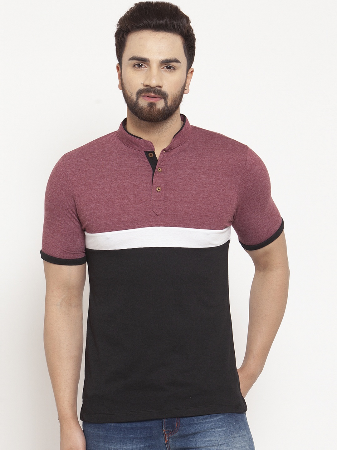 

Kalt Men Maroon & Black Colourblocked Mandarin Collar T-shirt
