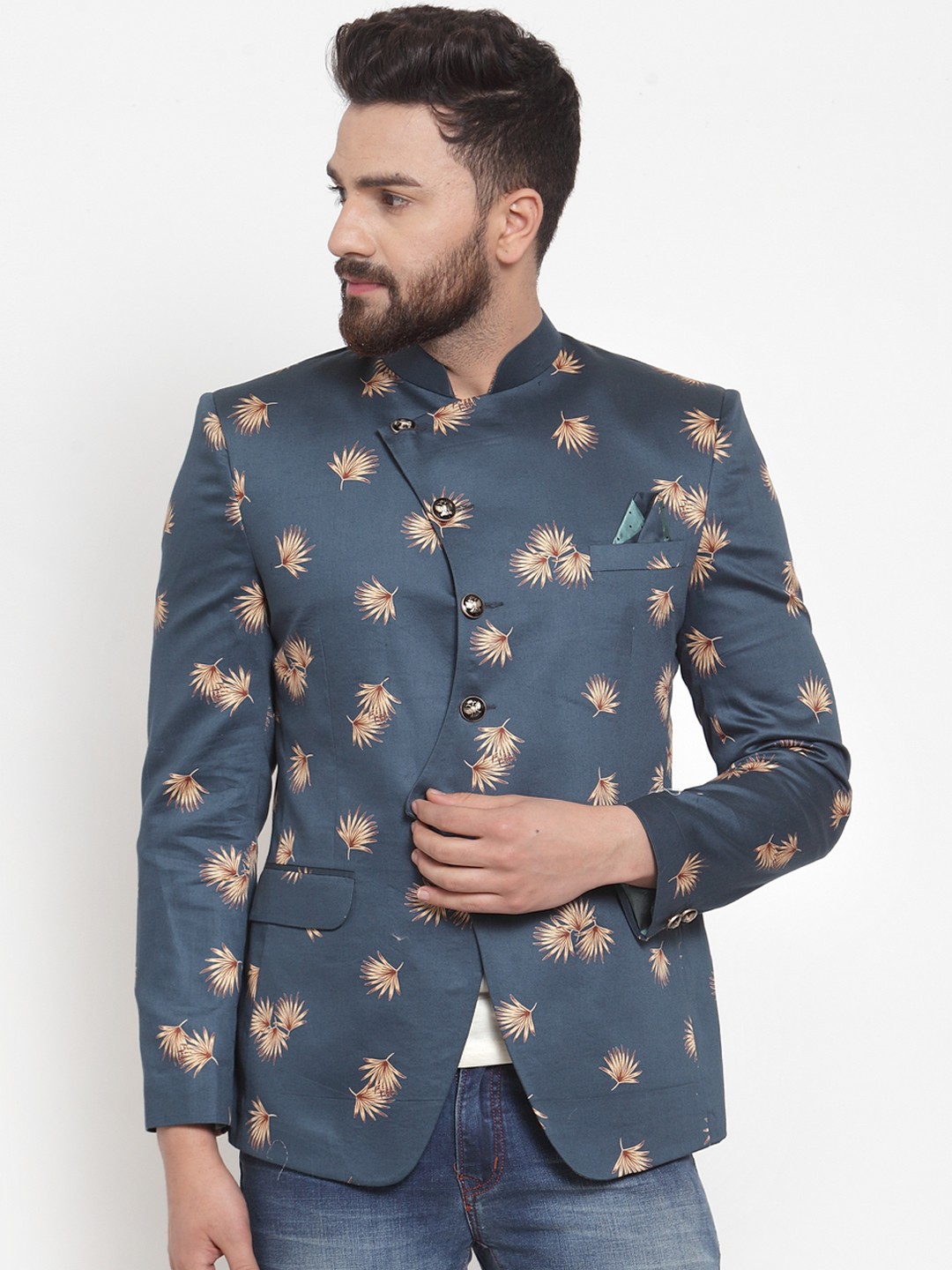 

KLOTTHE Men Blue Printed Slim-Fit Bandhgala Party Blazer