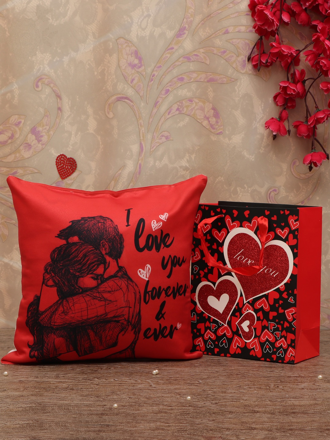 

Tied Ribbons Red & Black Printed Valentine Cushion with Carry Bag
