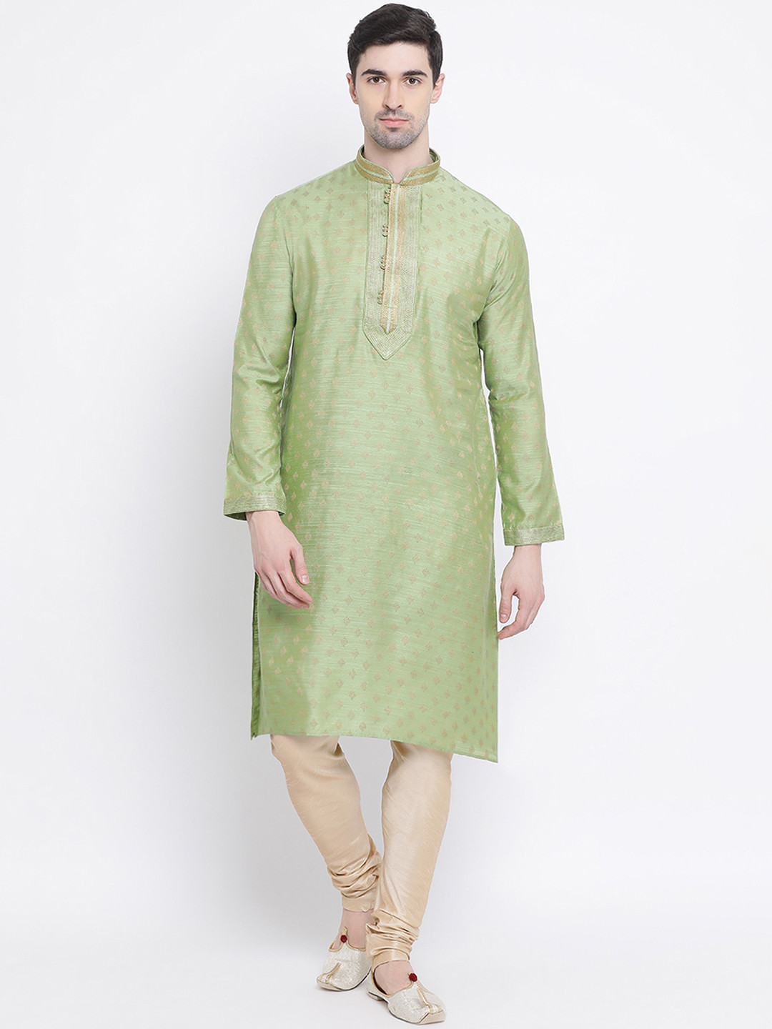 

Sanwara Men Green & Gold-Toned Self Design Kurta with Churidar
