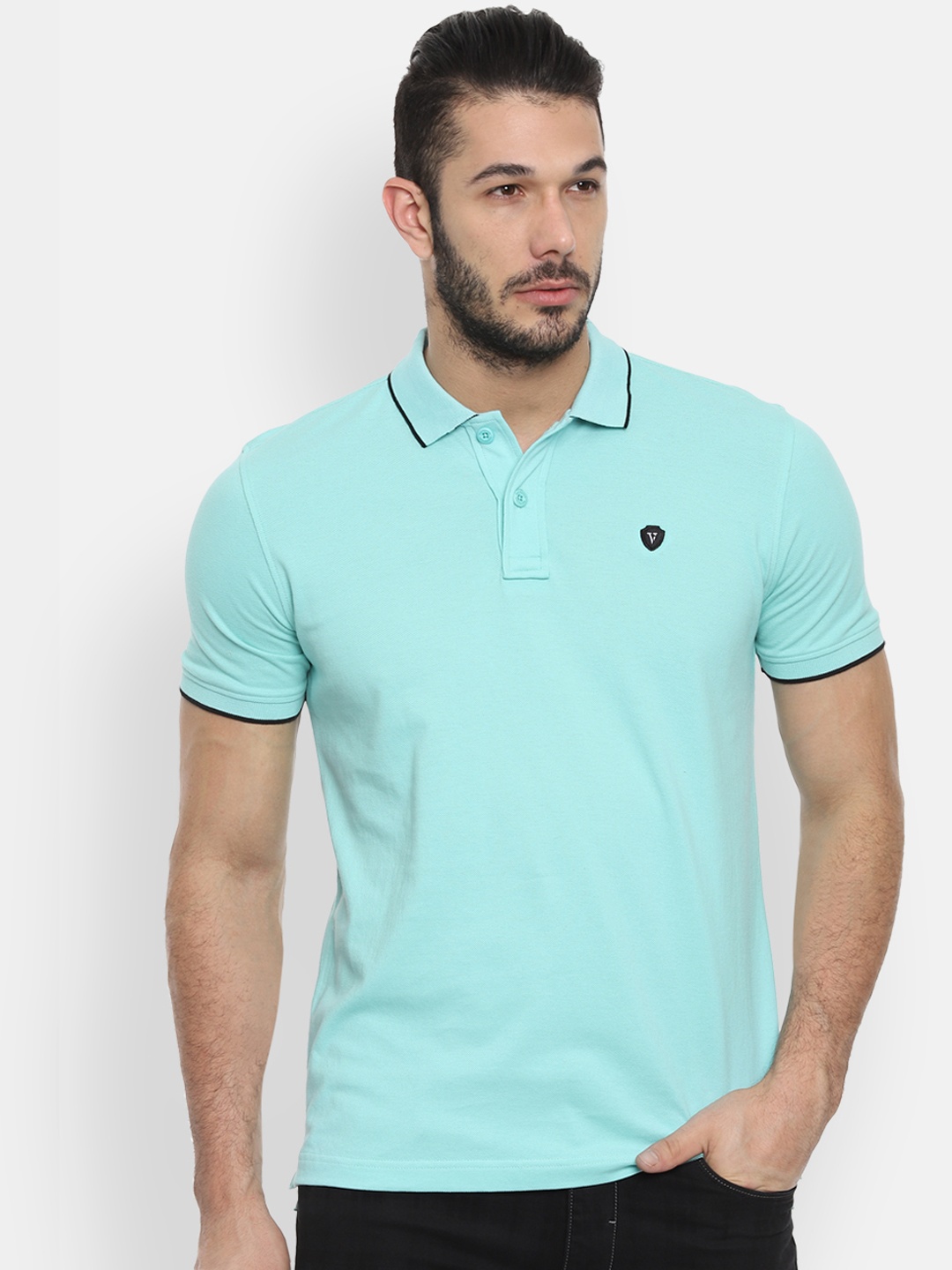 

Van Heusen Sport Men Turquoise Blue Solid Polo Collar Pure Cotton T-shirt