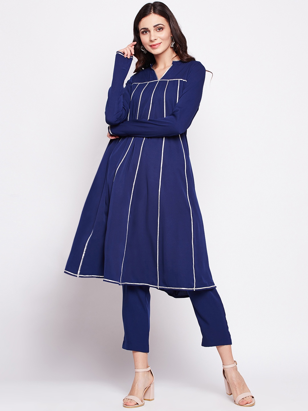 

FABNEST Women Blue & Silver-Toned Striped Kurta with Pyjamas