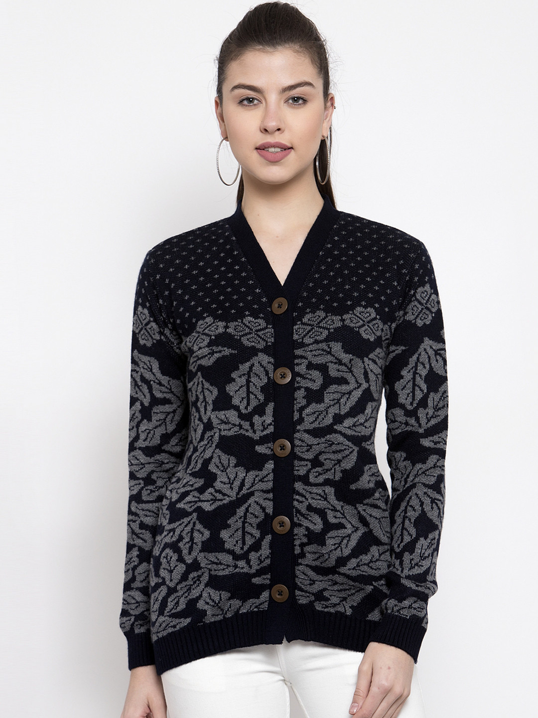

Kalt Women Navy Blue Self Design Cardigan Sweater