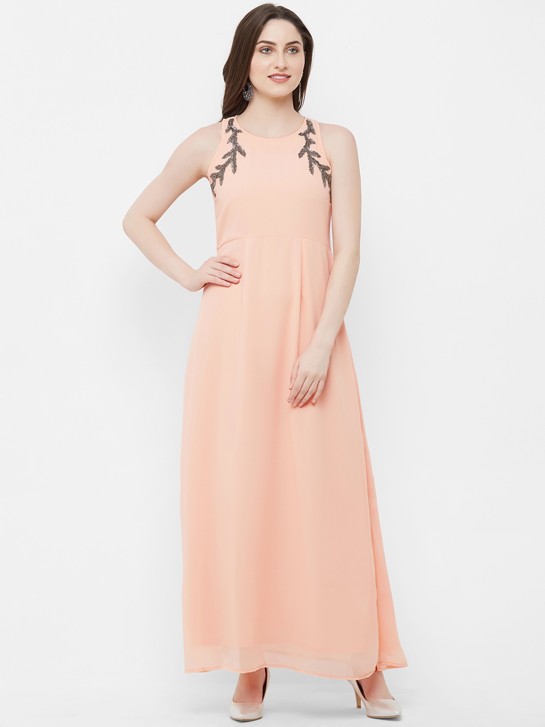 

MISH Women Peach-Coloured Solid Embellished Maxi Dress