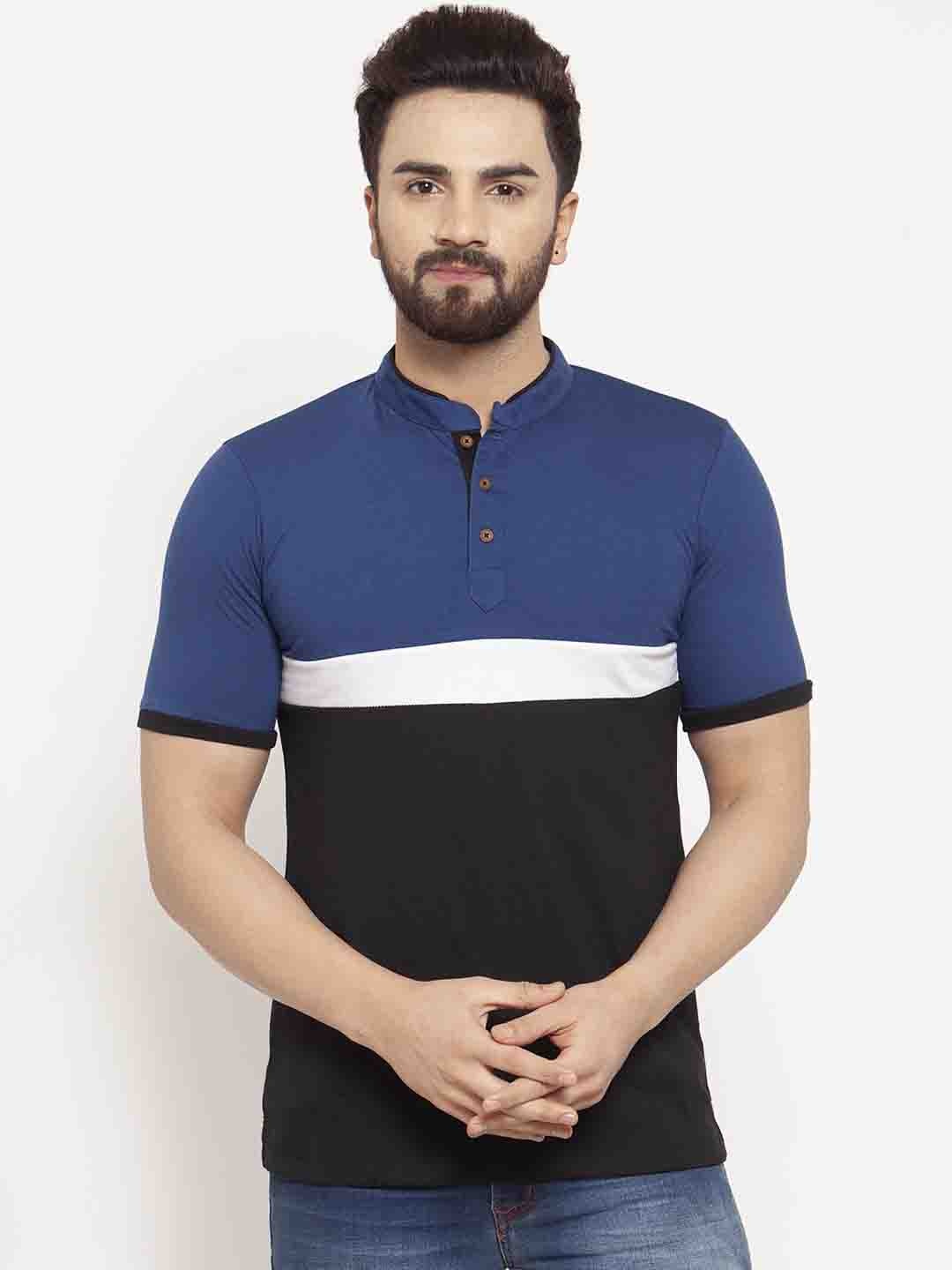 

Kalt Men Blue & Black Colourblocked Mandarin Collar T-shirt