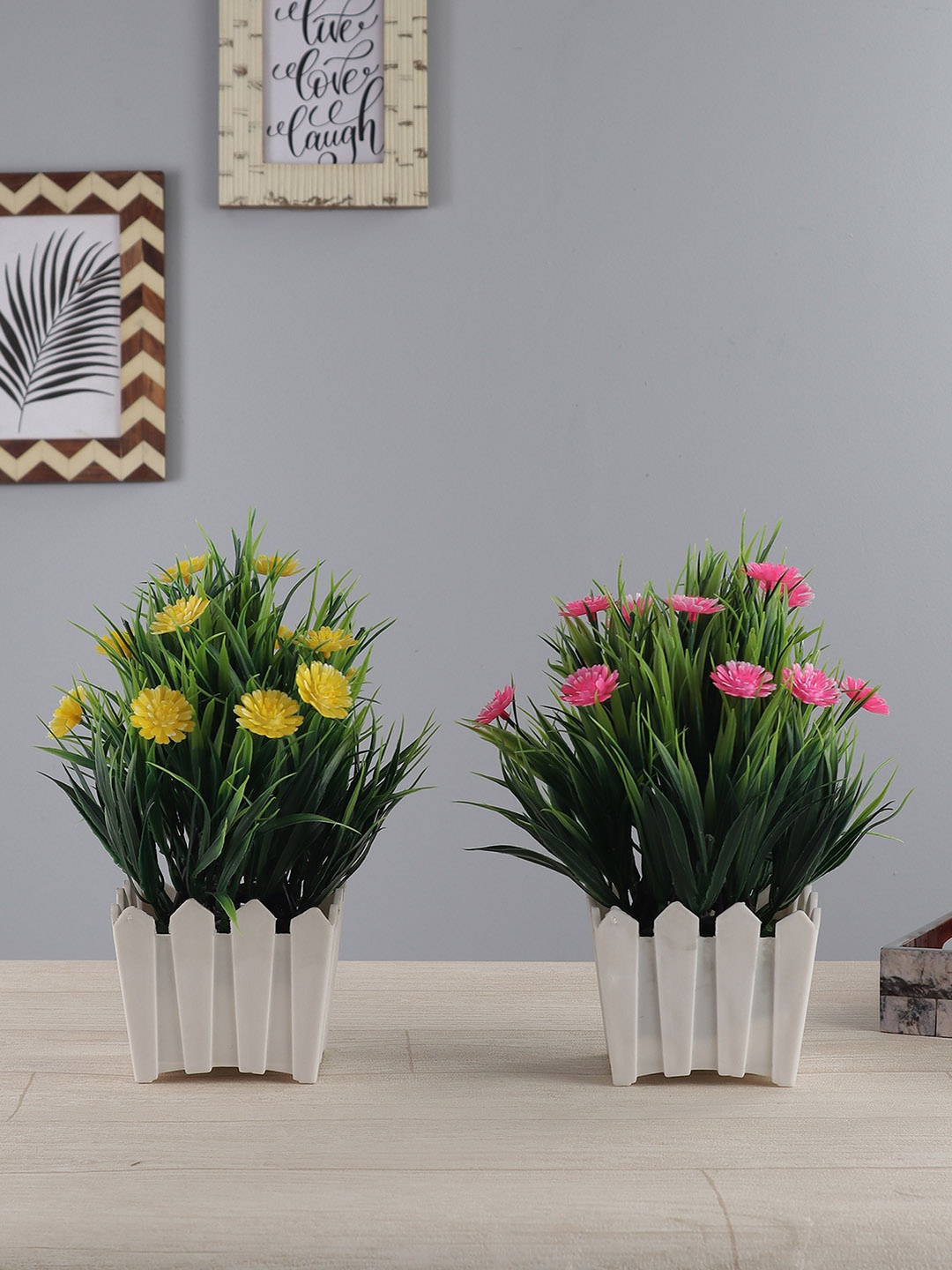 FOLIYAJ Set of 2 Yellow & Pink Artificial Gerbera Plants with Pot, Green